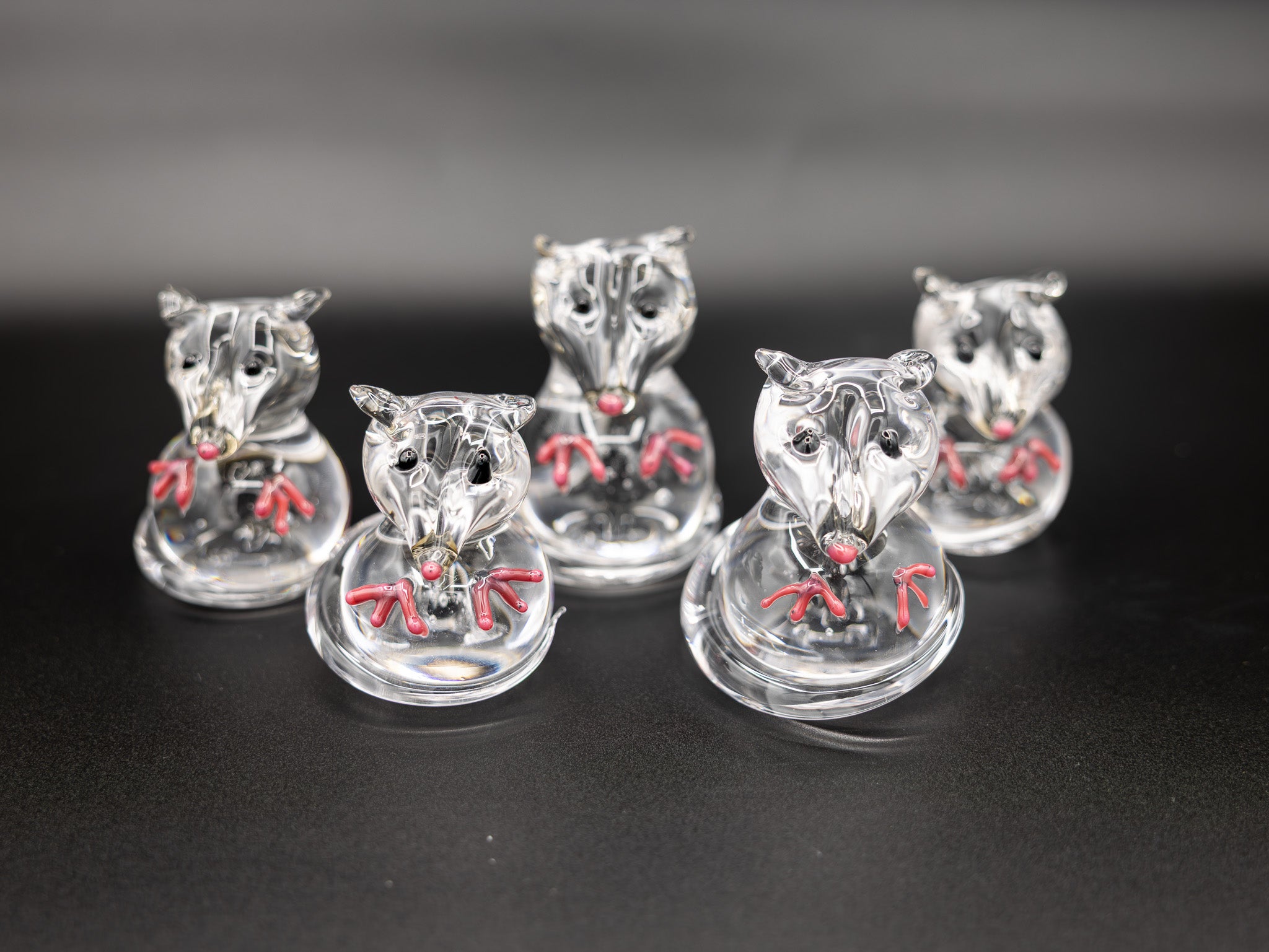 Five glass opossum figurines on a black background