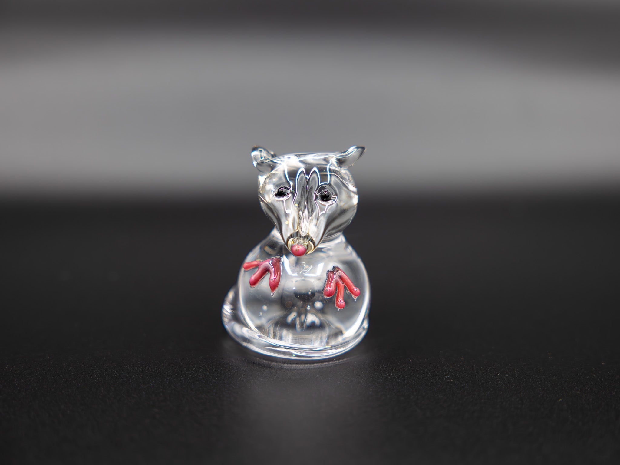 Clear glass figurine of a opossum on a black background