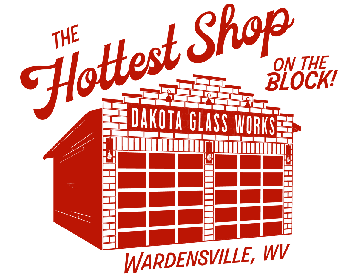 Red and white graphic of Dakota Glass Works with text 'The Hottest Shop on the Block! Wardensville, WV'.