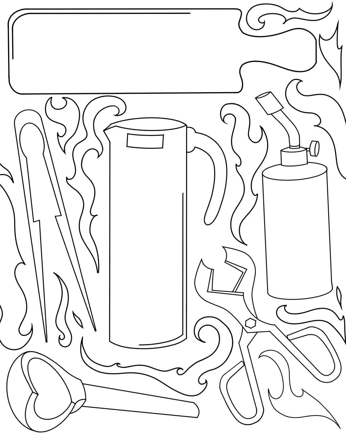 black line drawing of various glassblowing tools
